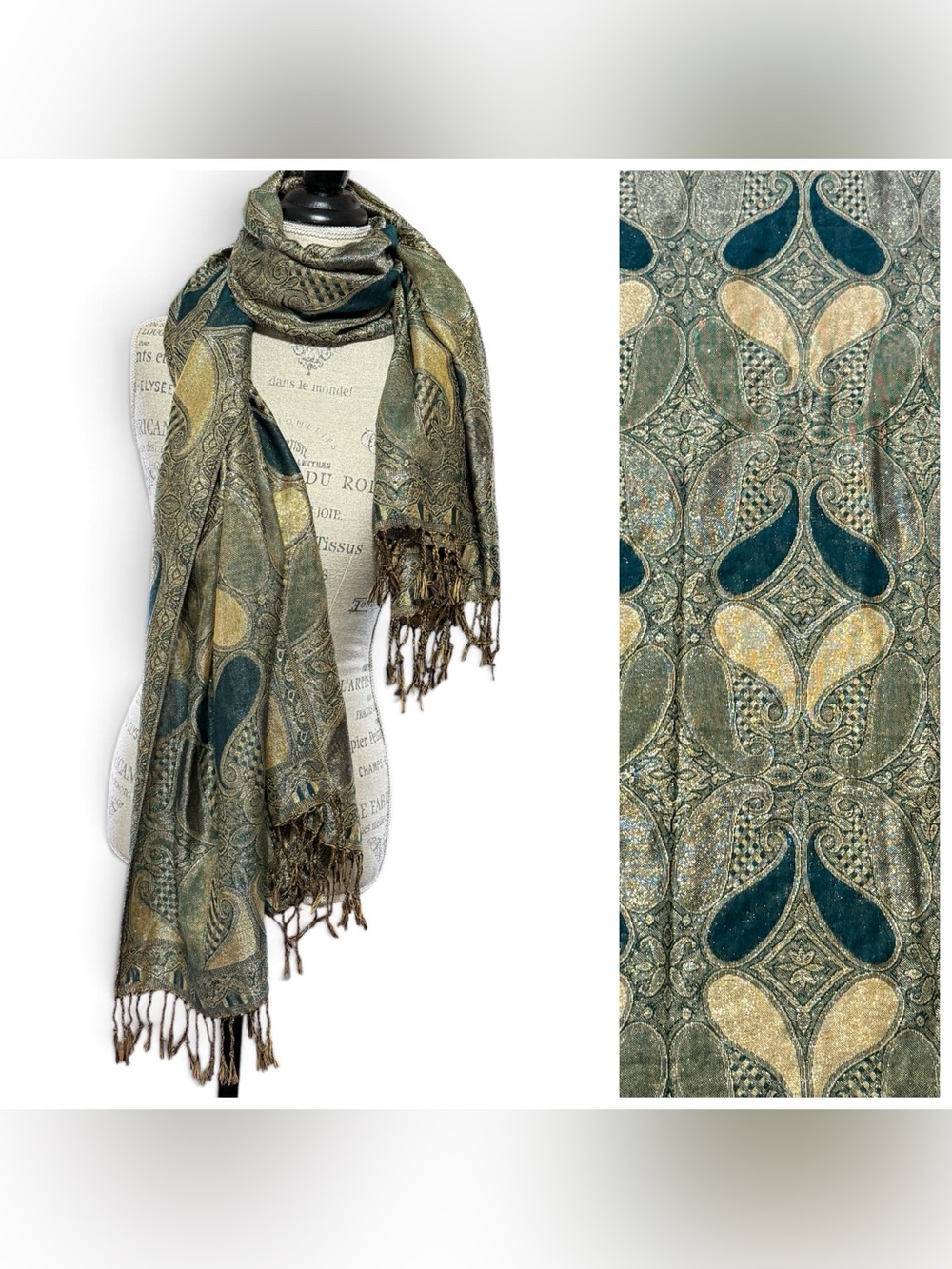 Pashmina and Silk Blend Metallic Scarf Teal Blue Gold Paisley Pattern Jacquard